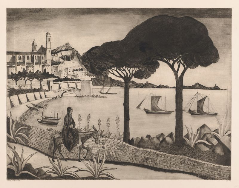 Haven van Bastia op Corsica de Lodewijk Schelfhout, óleo sobre lienzo que representa un paisaje vibrante de un pueblo.