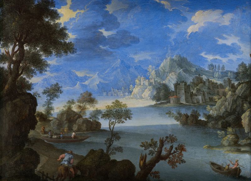 Paysage au bord du lac by Joachim Patinir, oil on panel, depicting a serene lake with reflections and nature.