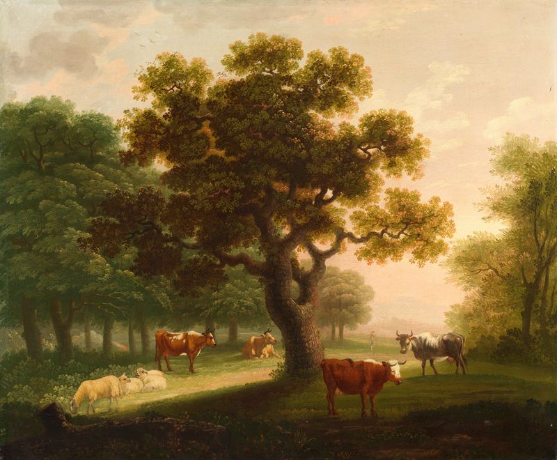 Paisagem com Gado, Ovelhas e Figura Distante de Herbert Pugh, pintura a óleo