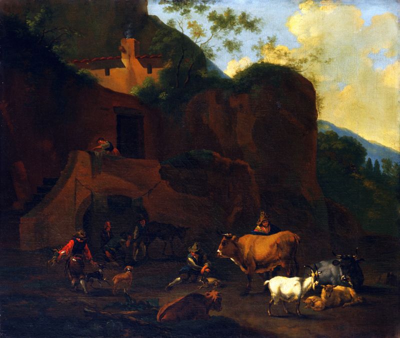 Peasants and Cattle de Nicolaes Pietersz Berchem, óleo sobre lienzo que muestra campesinos cuidando el ganado