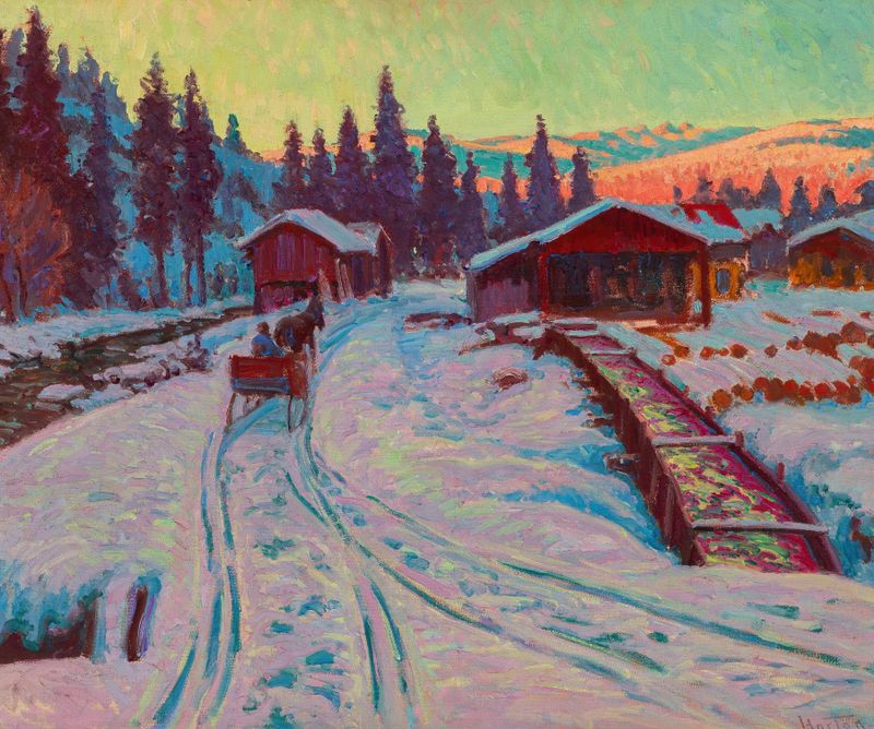 Sawmill- Gstaad, Winter de William Samuel Horton, óleo sobre tela retratando uma paisagem nevada