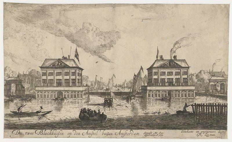 Etching by Reinier Nooms depicting two Blokhuizen by the Amstel river