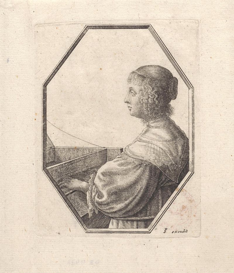 Retrato de uma mulher em um virginal, gravura de Wenceslaus Hollar