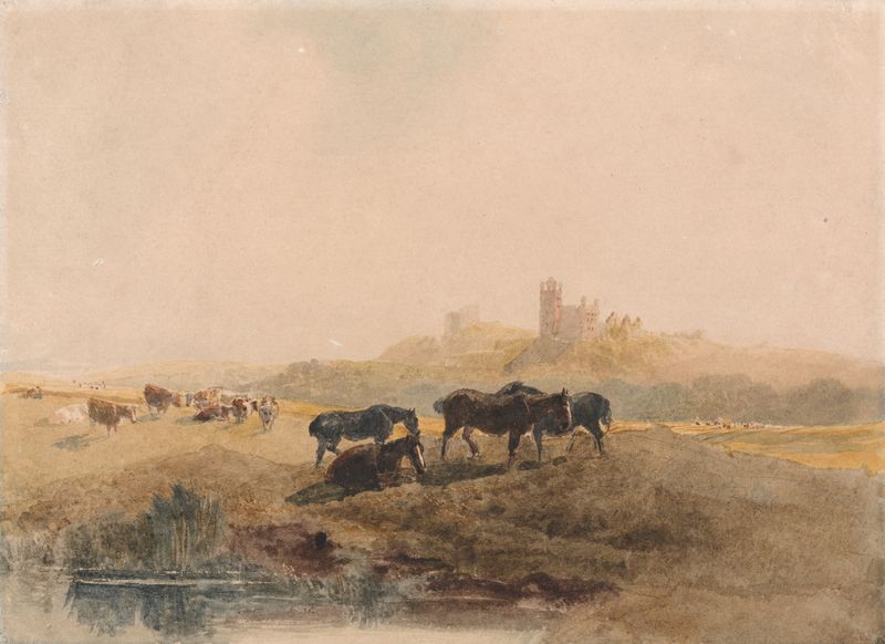 Horses resting in a meadow near Bolsover Castle, watercolor on paper by Peter DeWint
