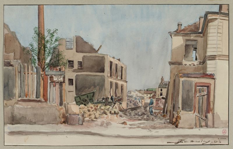 Landscape with sunset over cobblestone streets by F. Séguin, oil painting