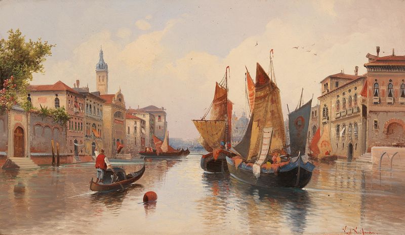 Pintura a óleo impressionista de Karl Kaufmann retratando a arquitetura veneziana com luz e sombra.