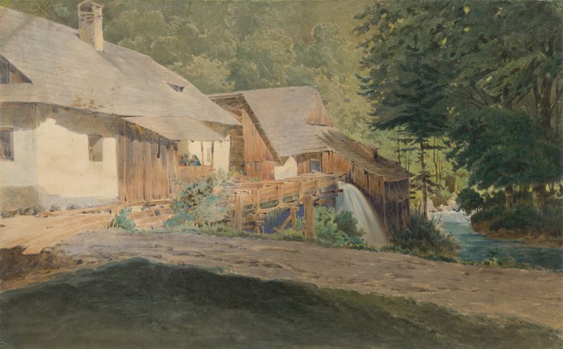Landscape oil painting by Friedrich Carl von Scheidlin featuring a mill and forest reflection.