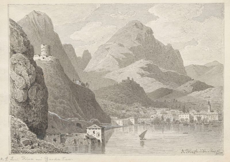 Lago de Garda com ruínas de um castelo veneziano, óleo sobre tela de Arthur Blaschnik
