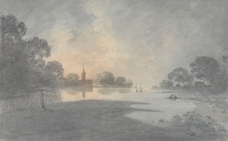 Río al anochecer con tonos brillantes, óleo de Rev. William Henry Barnard.