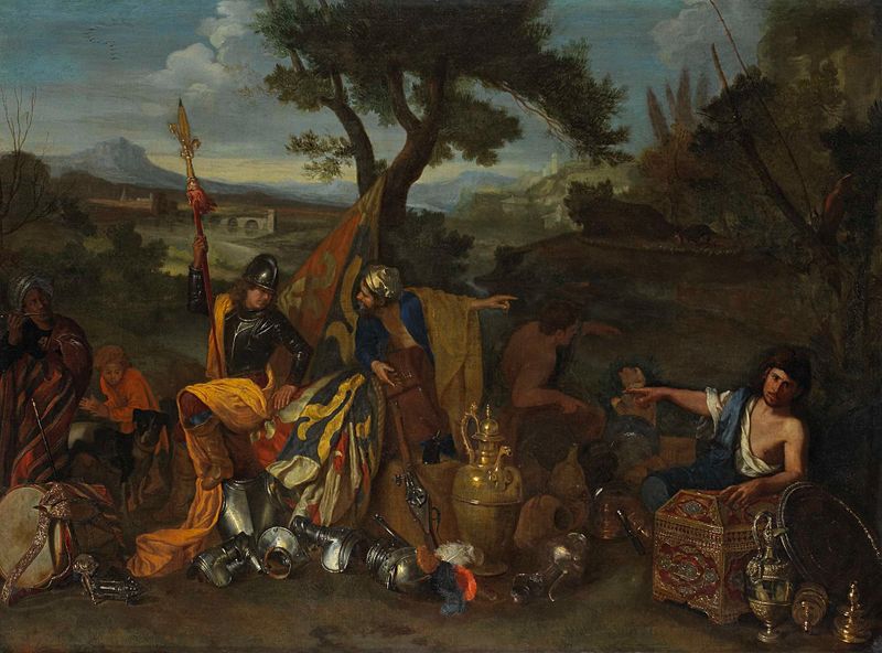 Los Vendedores de Andrea di Leone, óleo sobre lienzo que representa a dos figuras errantes.