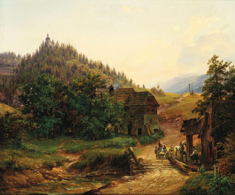 A Footbridge near Röthelstein Castle in Styria, oil on canvas by Anton Schiffer