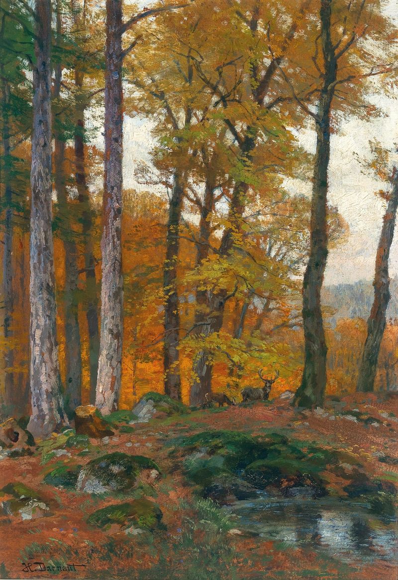 A Forest Glade with Stags in Autumn, oil painting by Hugo Darnaut
