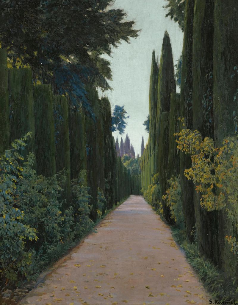 Cena botânica com flores e uma fonte, pintura a óleo de Santiago Rusiñol