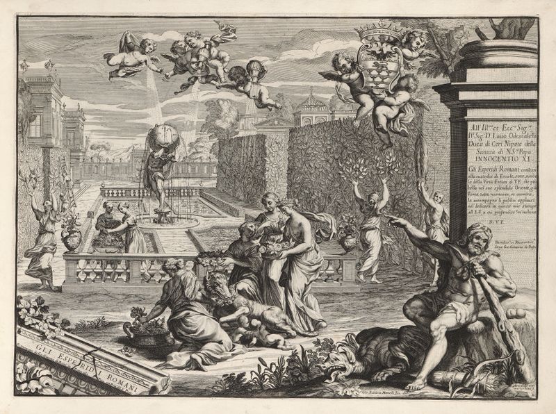 Escena botánica con jardines de Giovanni Battista Falda, siglo XVII