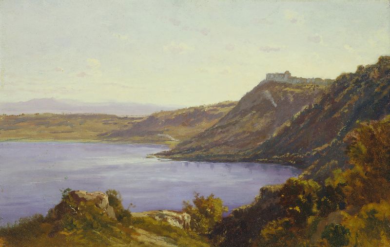 El Lago Alban, óleo de Antoine Victor Edmond Joinville, que representa un paisaje tranquilo con reflejos.
