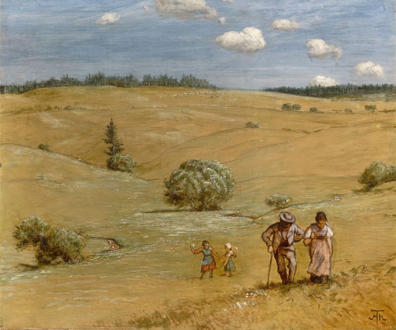 Hilly landscape de Hans Thoma, óleo sobre lienzo que muestra colinas onduladas y colores vibrantes.
