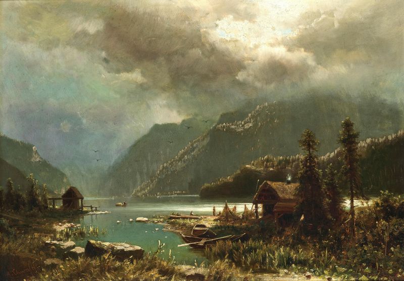 A lake at night with moonlight reflecting on water by Adolf Chwala