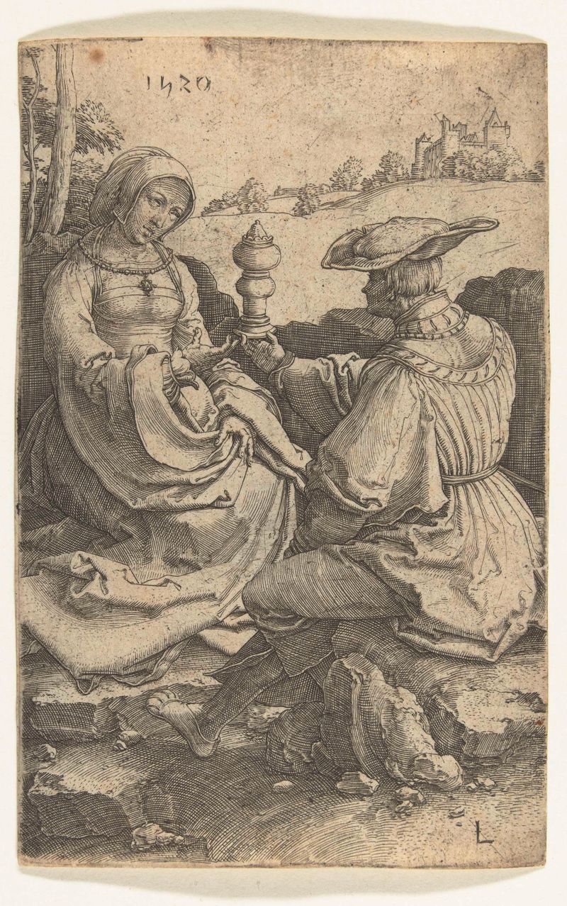 Gravura de Lucas van Leyden mostrando um casal nobre em uma paisagem exuberante.