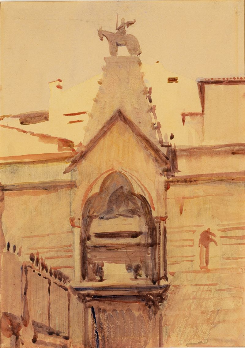 Tomb of Verona de Abbott Handerson Thayer, óleo sobre lienzo, presenta un monumento contra nubes turbulentas.