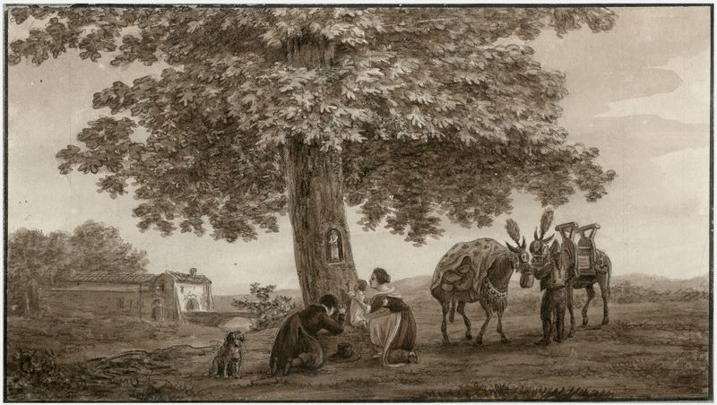 Cena religiosa com figuras em oração diante de uma estátua mariana, pintura a óleo de Otto Howen