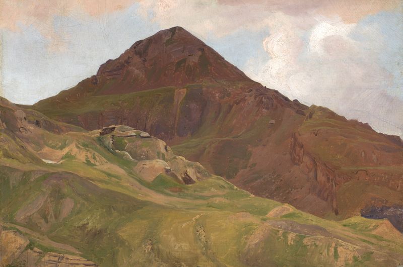 Paisaje del Romanticismo de Johann Wilhelm Schirmer, que representa montañas bajo un cielo crepuscular.