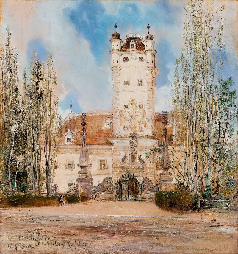 Greillenstein Castle against a stormy sky, oil painting by Anton Romako