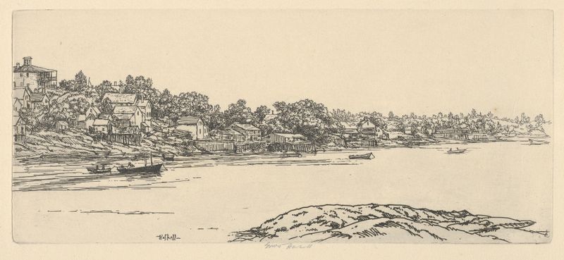 Cundy’s Harbor de Ernest Haskell, acuarela sobre papel que representa una serena escena del puerto