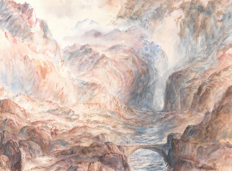 Paisagem alpina com figuras e ponte sobre um riacho, Romantismo, Unknown Artist
