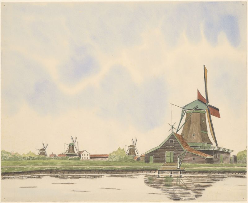 Landscape with windmill and church, oil on canvas by Johannes Nicolaas Eijman