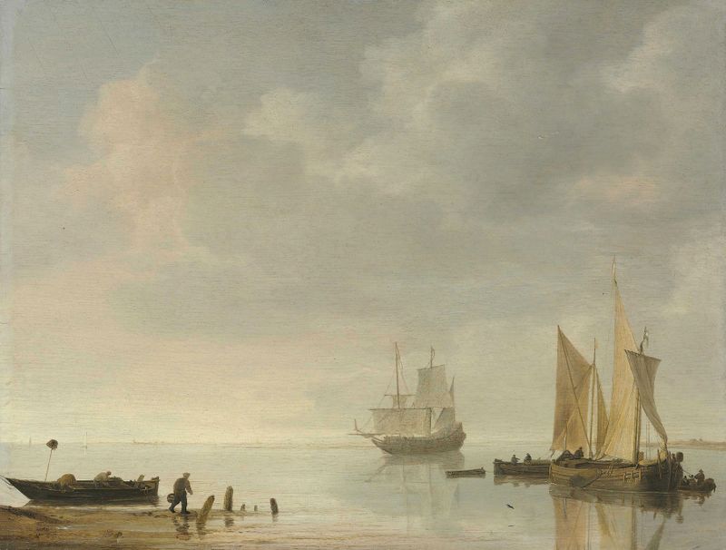 Coastal scene with ships resting on calm waters, oil on canvas by Simon de Vlieger