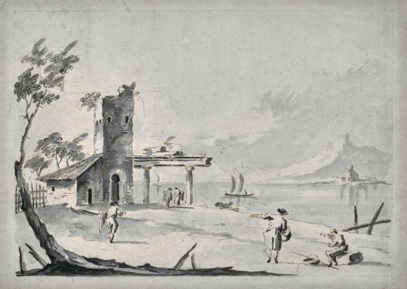 A lagoa veneziana com ruínas e figuras, pintura a óleo de Giacomo Guardi