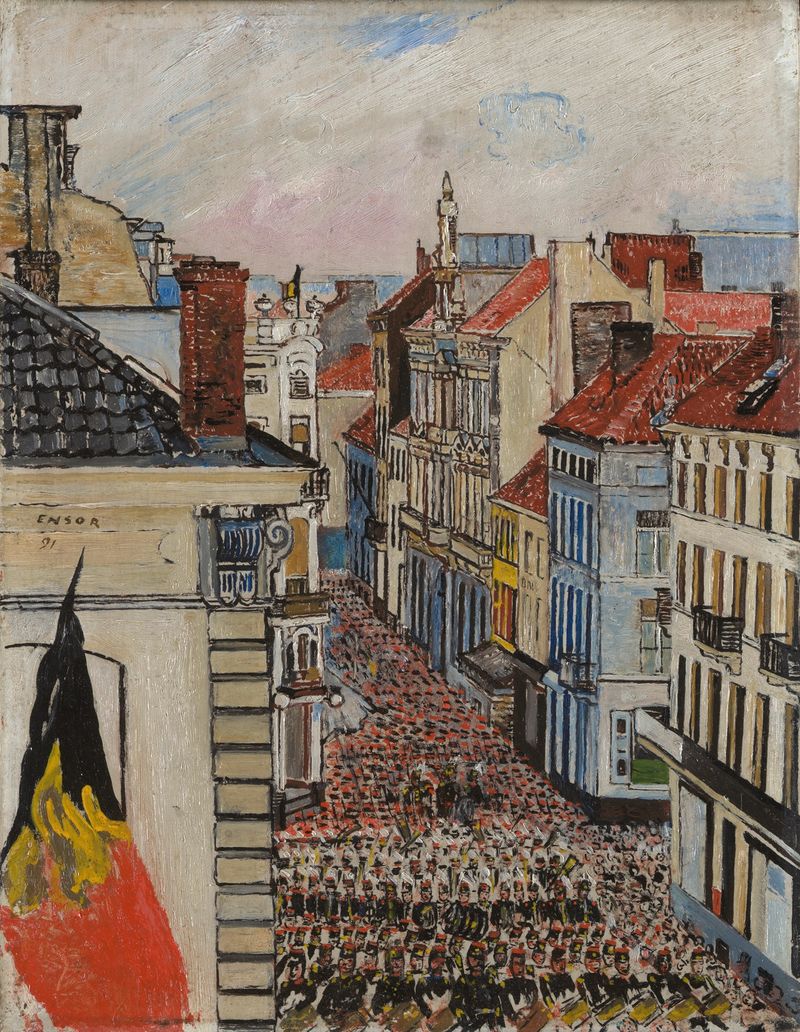 Cena de gênero com uma multidão vibrante em Music in Vlaanderenstraat de James Ensor, óleo sobre tela