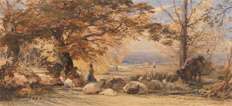 Paisagem com colinas e cottages de Samuel Palmer, pintura a óleo