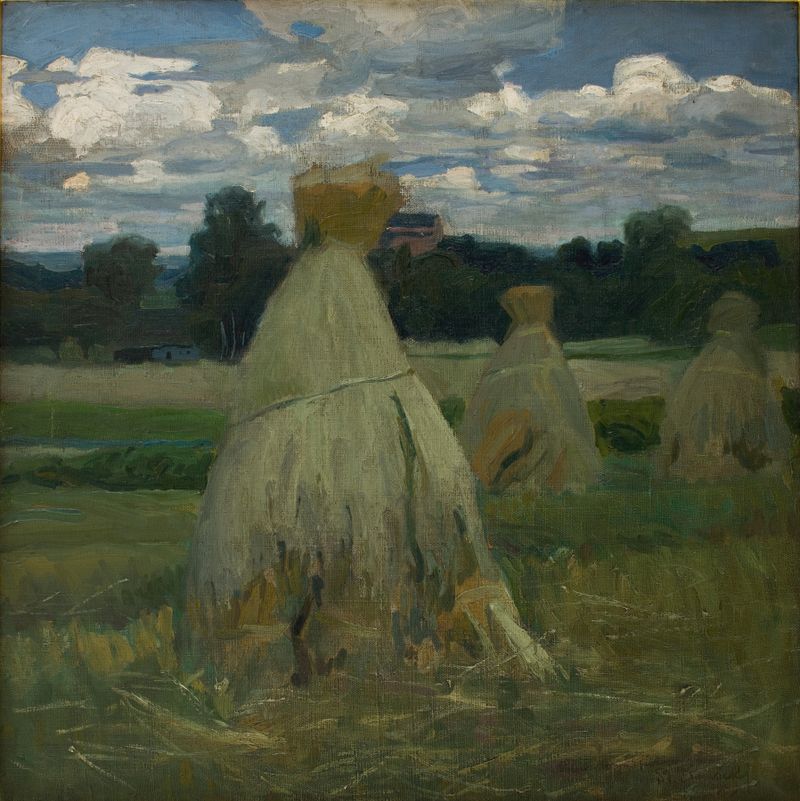 Ricks of corn in a landscape, oil on canvas by Stanisław Kamocki