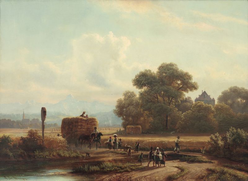 Heimkehr von der Kornernte bei Ascholding by Anton Doll, realism, depicting a landscape with golden fields and figures