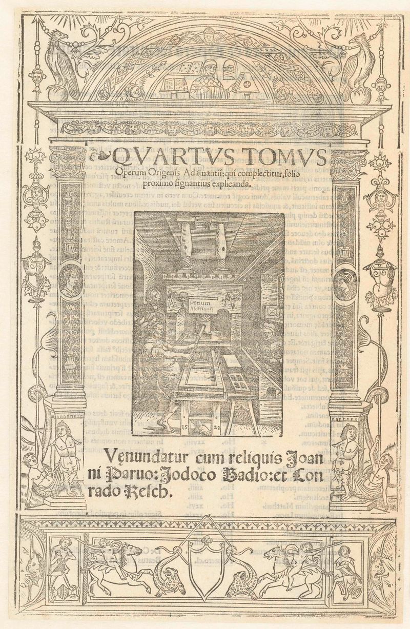 Página de título de Albrecht Dürer, con letras ornamentadas y motivos mitológicos, grabado