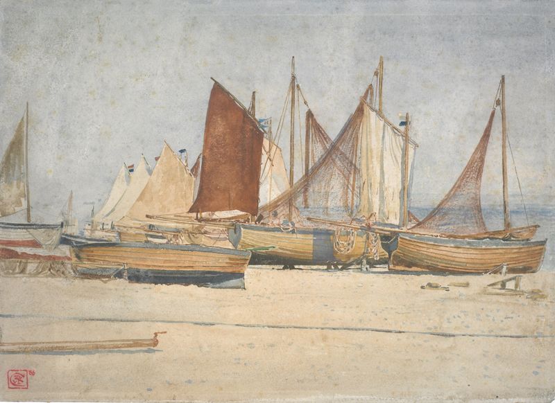 Southwold – a study of sails by Walter Crane, watercolor on paper depicting vibrant sails and boats.