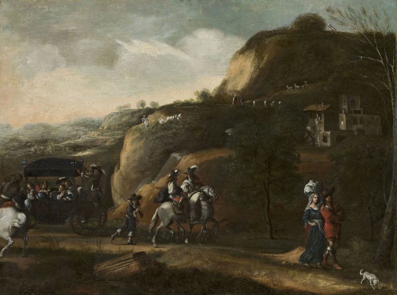 Landscape with a carriage, óleo sobre tela de Frederik de Moucheron