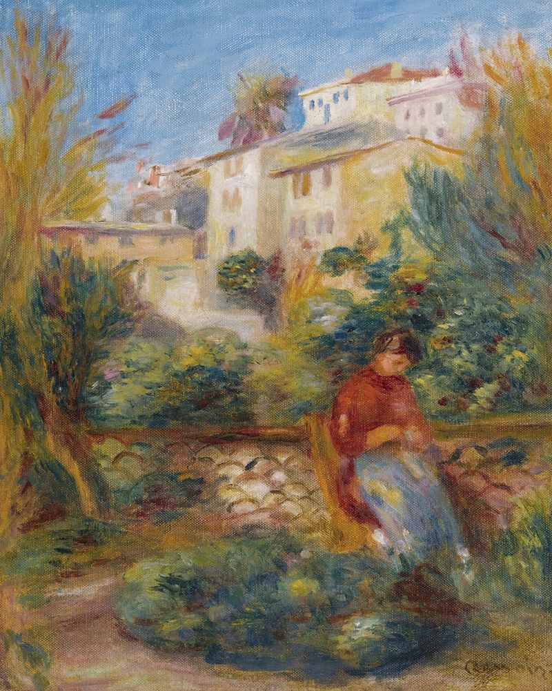 La Terrasse À Cagnes de Pierre-Auguste Renoir, óleo que muestra figuras en una terraza junto al mar.