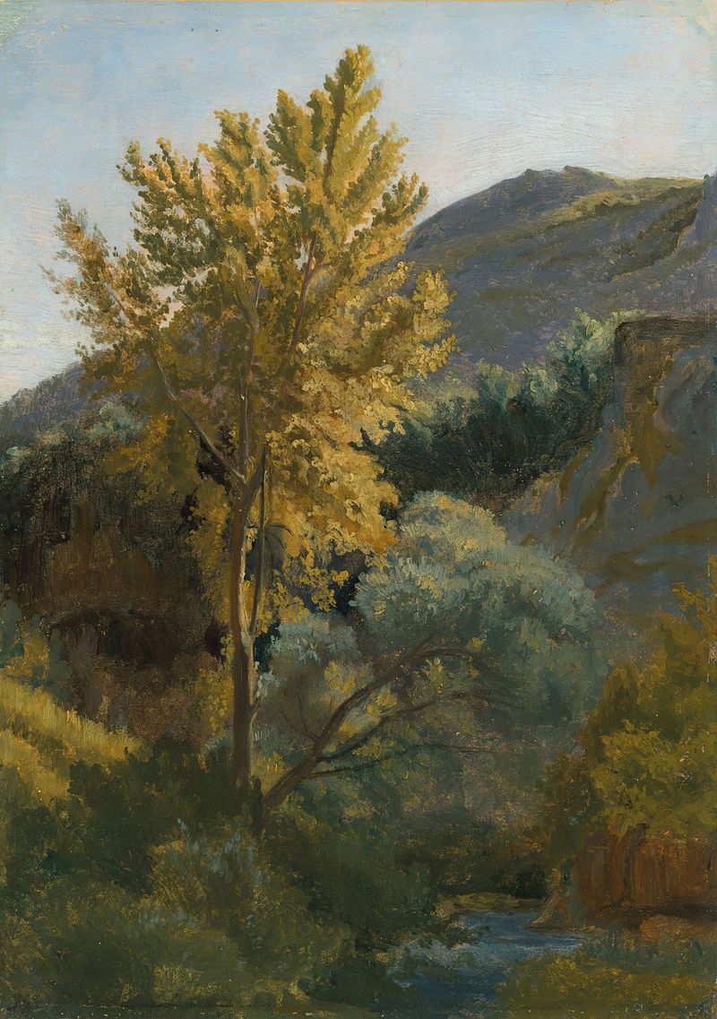 Paisagem com uma árvore perto de um torrente na Itália, pintura a óleo de Jean-Baptiste-Camille Corot