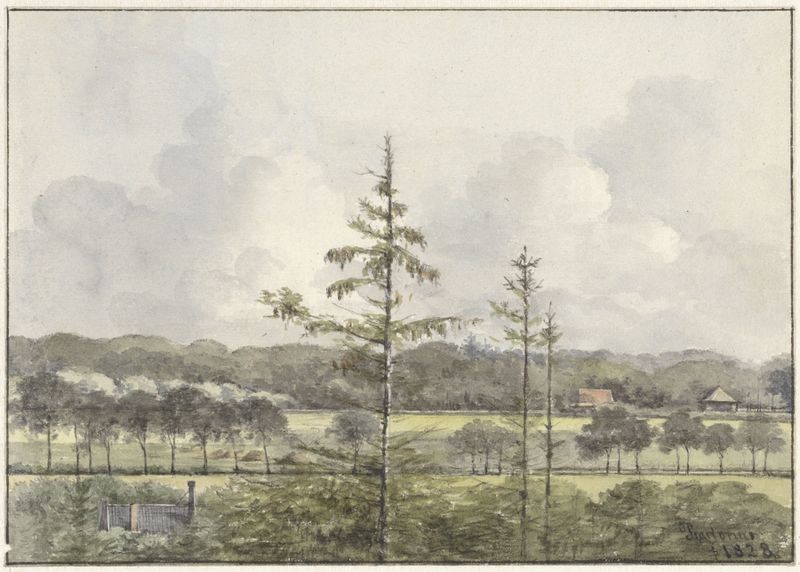 Landscape oil painting by Pieter Ernst Hendrik Praetorius depicting fields and farmhouses