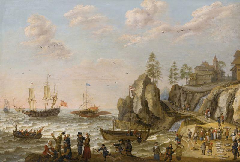 A Coastal Landscape With A Galley, óleo sobre lienzo de Isaac Willaerts, que representa aguas turbulentas y barcos.
