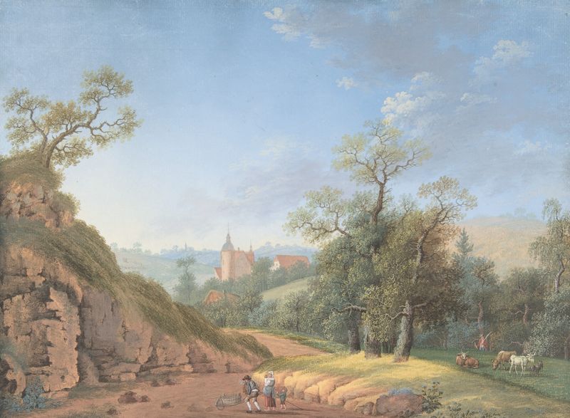 Peasant Family in a Landscape, óleo sobre tela de Johann Friedrich Nagel, mostrando uma família em uma paisagem calorosa.