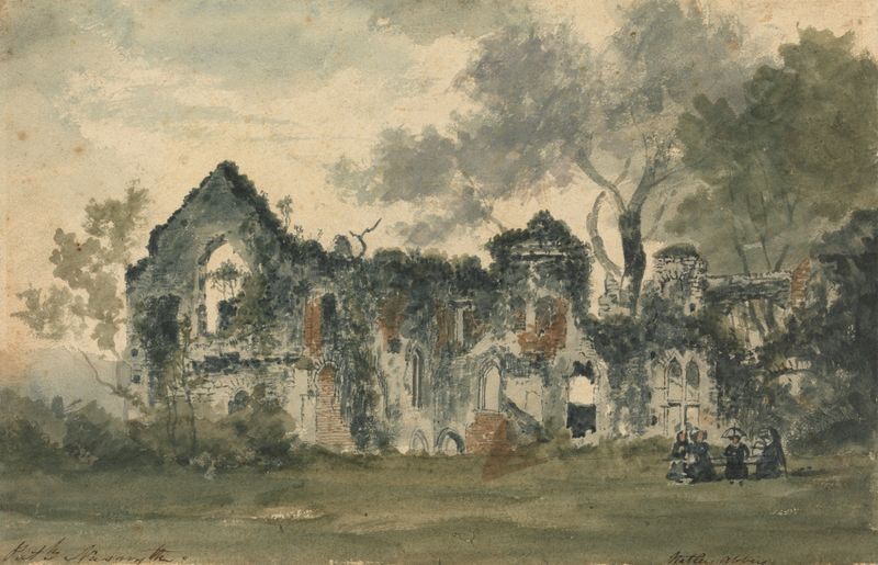 Netley Abbey by Patrick Nasmyth, oil on canvas, depicting ruins entwined in greenery and soft light.