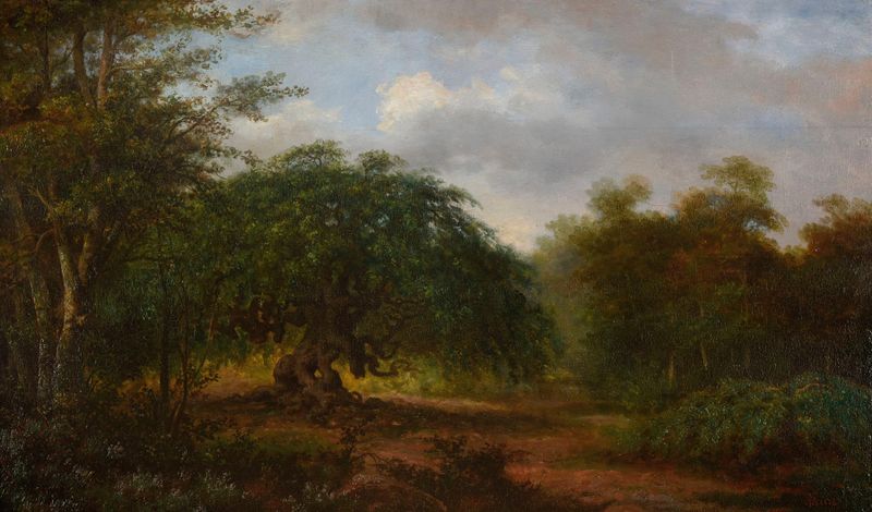 Landscape oil painting by François Clovis Hécart-Gaillot featuring light and shadow interplay.
