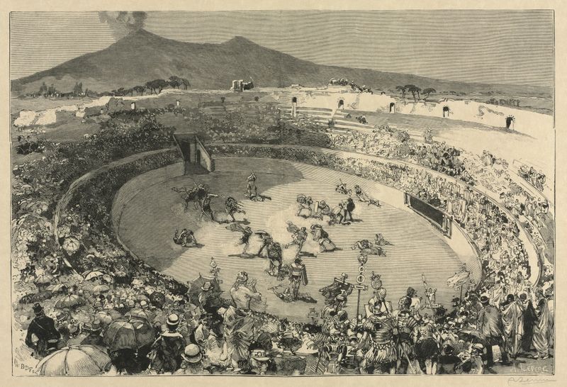 El Festival de Pompei, una escena histórica de Auguste Louis Lepère, que representa gladiadores en un circo.