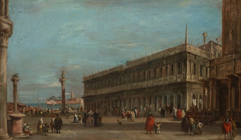 Rococo oil painting by Francesco Guardi depicting the Libreria and Piazzetta in Venice