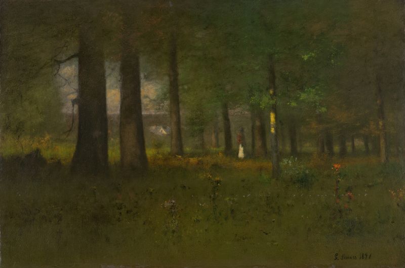 El Límite del Bosque de George Inness, pintura al óleo que muestra un follaje exuberante y el juego de luz y sombra.