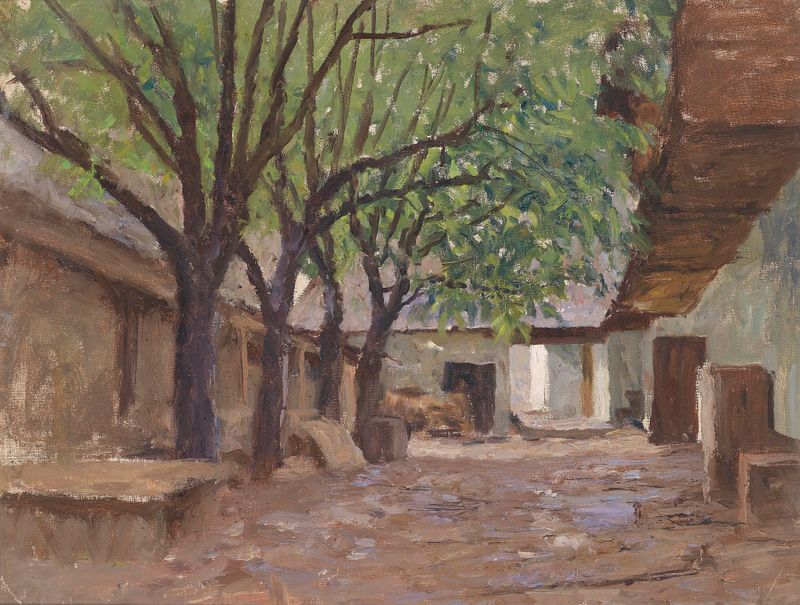Bauernhäuser bei Klagenfurt by Alfred Zoff, oil on canvas depicting rural homes under golden light