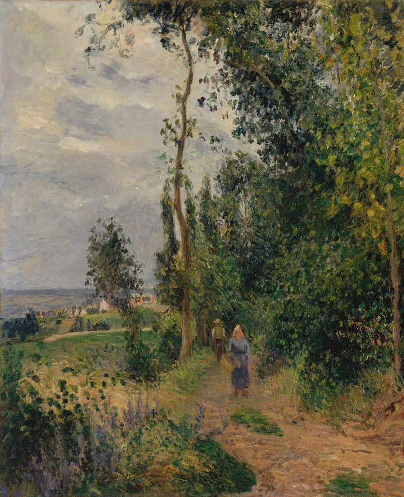 Côte des Grouettes, perto de Pontoise de Camille Pissarro, óleo sobre tela que retrata uma paisagem serena com colinas e á...